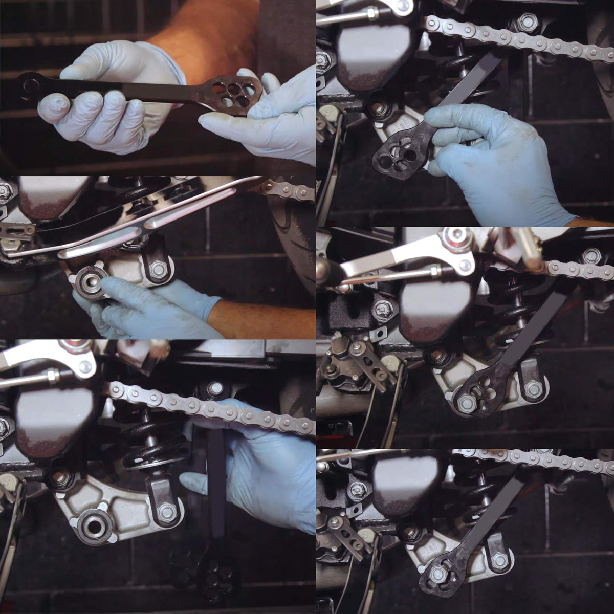 Kawasaki lowering links next to ruler showing 1–2 inch adjustment