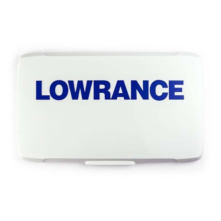 Lowrance Eagle 5 front-panel sun cover showing white finish and branded blue lettering protecting display