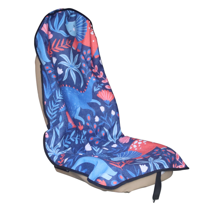 LoyaGour dinosaur front seat cover packaging showing product and benefits
