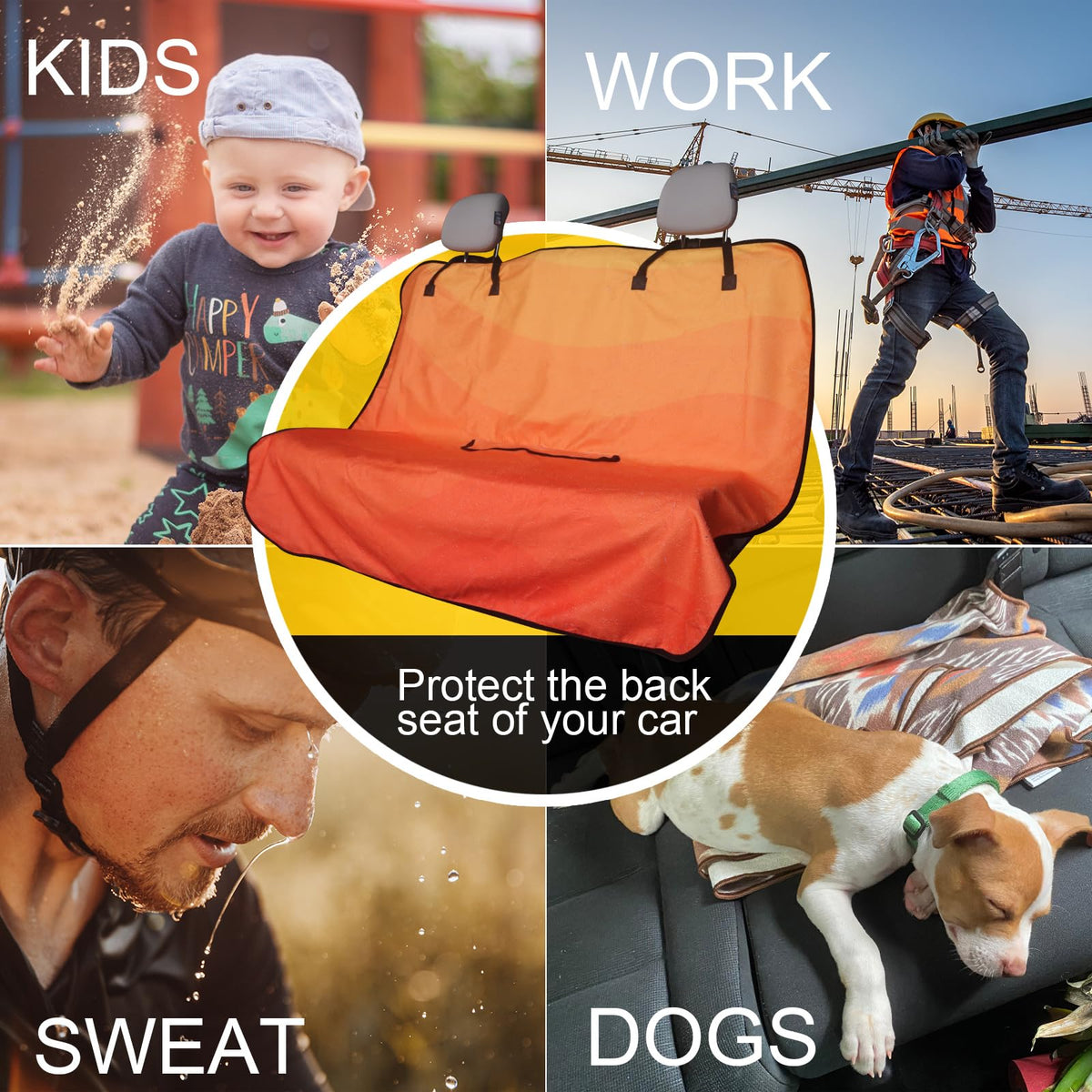 LoyaGour with dog on seat cover illustrating pet hair and mud containment benefit