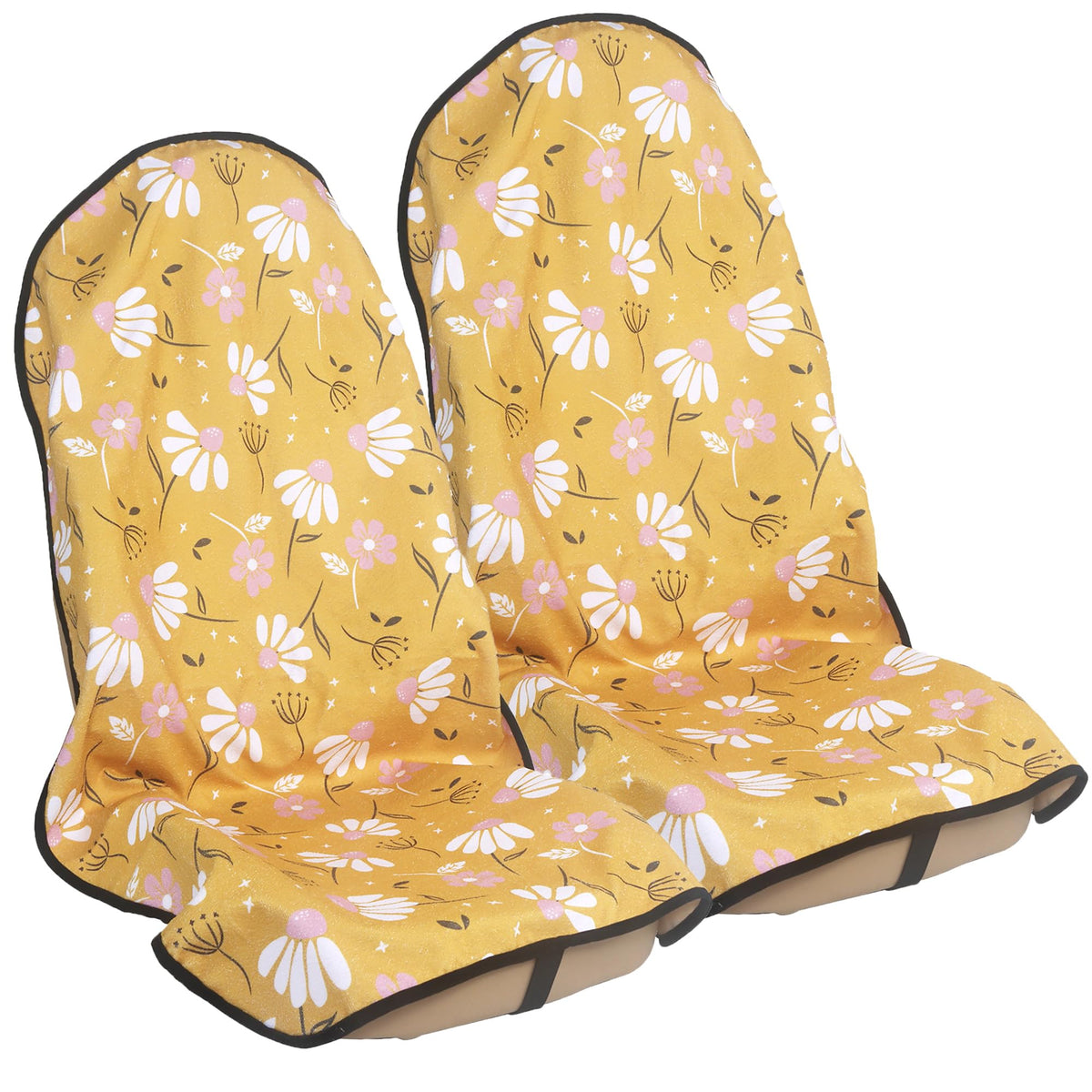 LoyaGour front seat cover packaging showing two chamomile yellow protectors and benefits