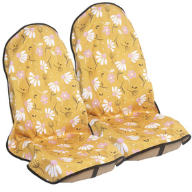 LoyaGour front seat cover packaging showing two chamomile yellow protectors and benefits