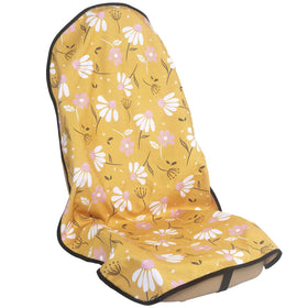 LoyaGour front seat full view showing chamomile yellow print and full coverage protecting seat