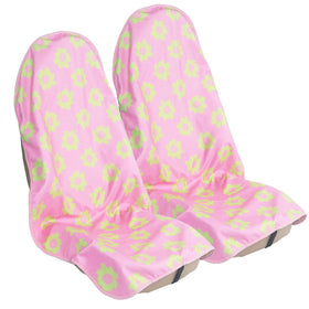 LoyaGour floral pink front seat covers shown on packaging for quick fit