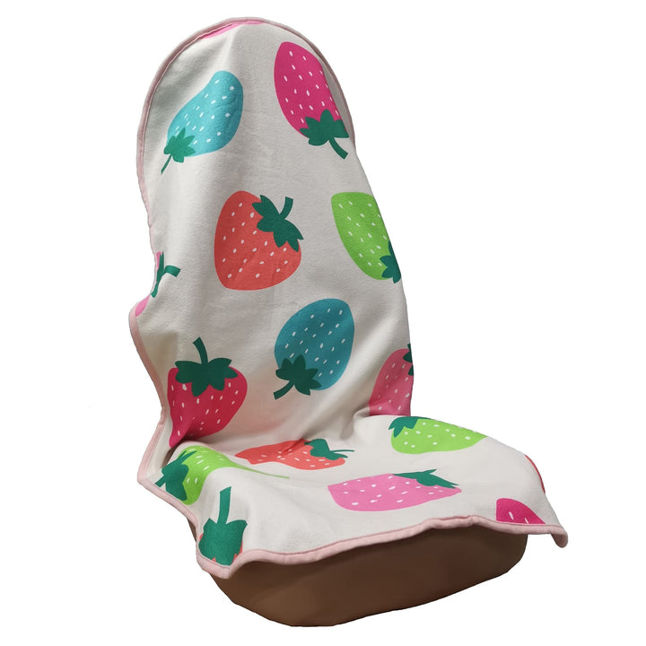 LoyaGour strawberry front seat view showing full coverage and pretty print protecting upholstery