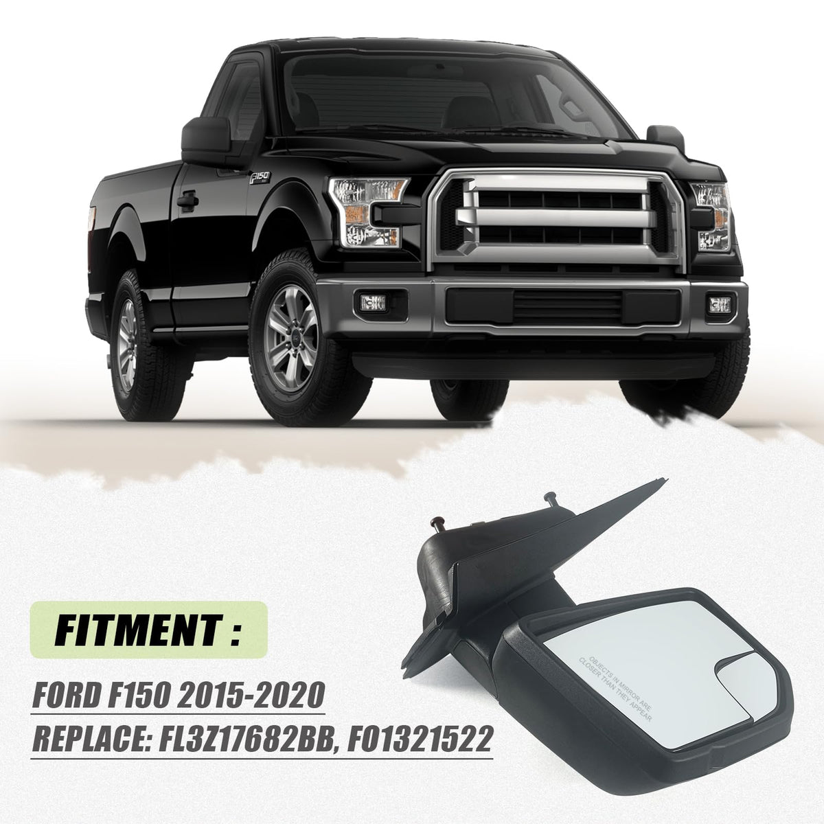 Lqito mirror mounted on Ford F-150 illustrating direct-fit replacement benefit