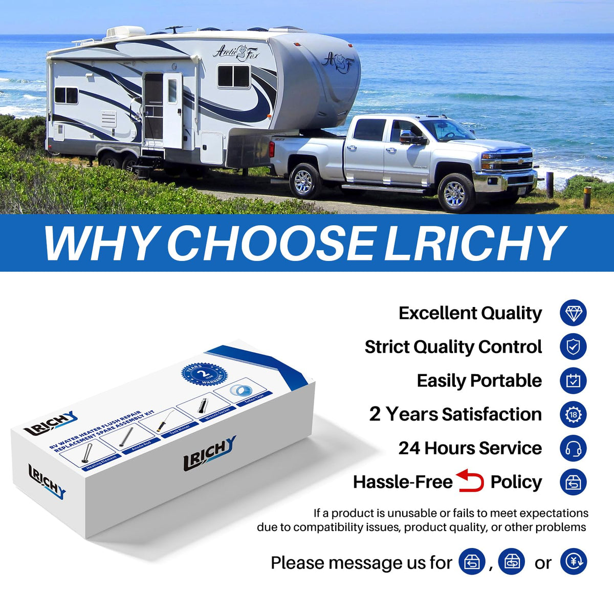 Lrichy lifestyle shot of an RV bathroom indicating reliable hot water