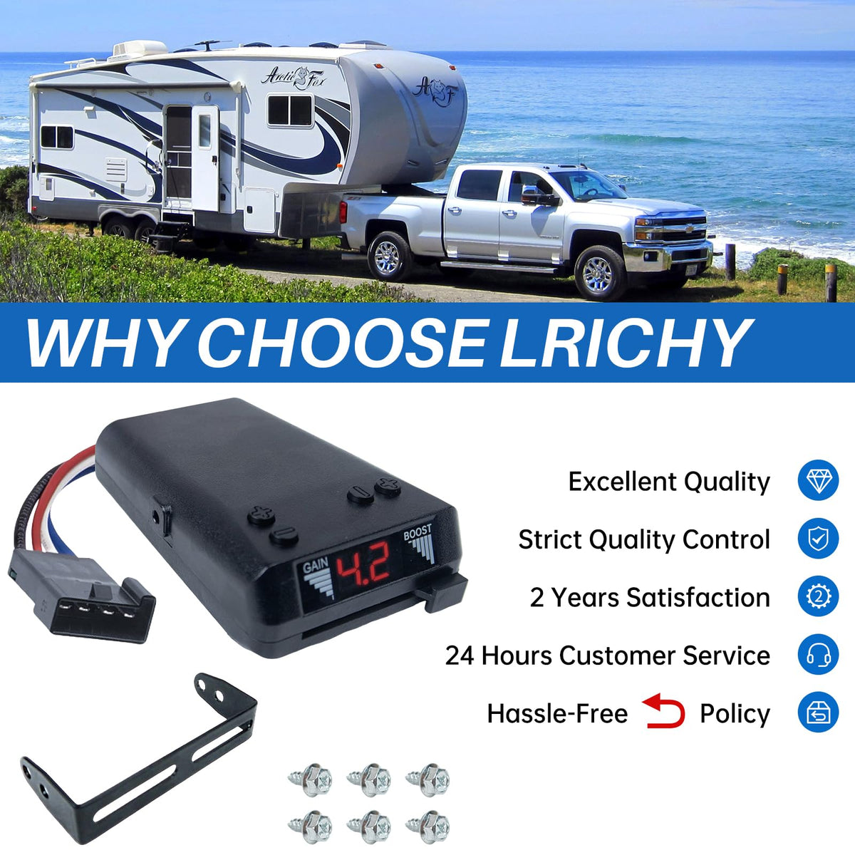 Lrichy controller pictured in a towing scene improving trailer braking confidence