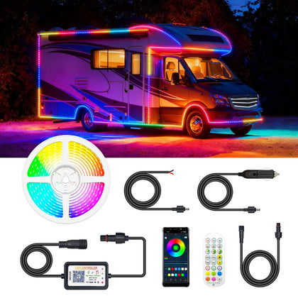 Lrimauix front packaging showing 25ft RV awning lights and clear product benefit