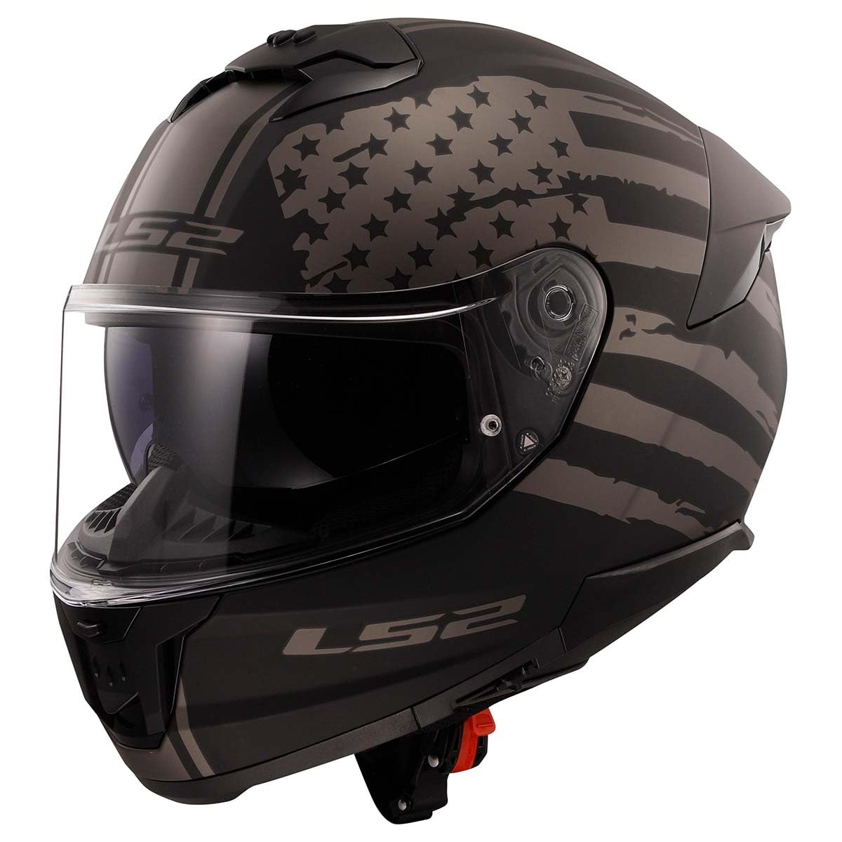 LS2 helmet front view showing matte America Gray/Black finish and visibility benefit