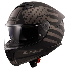 LS2 helmet front view showing matte America Gray/Black finish and visibility benefit