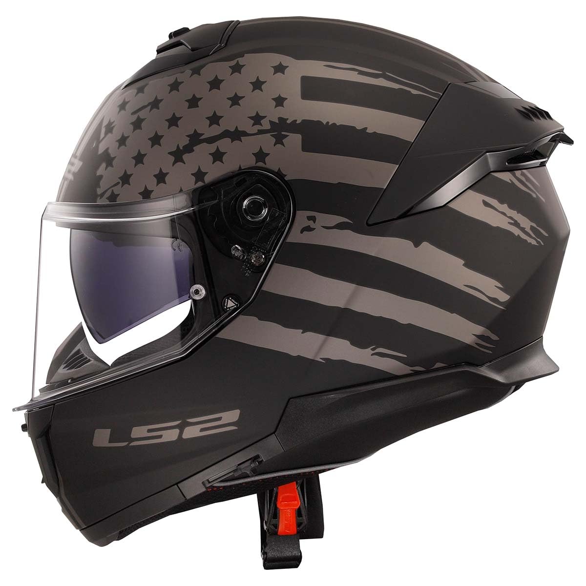 LS2 helmet side profile highlighting aerodynamic shell for reduced wind drag