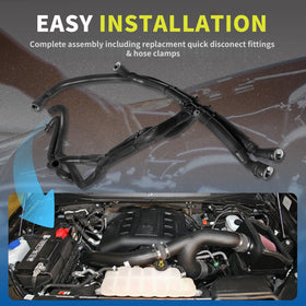 LSDZWORK installed in F-150 engine bay showing correct fit and restored coolant routing