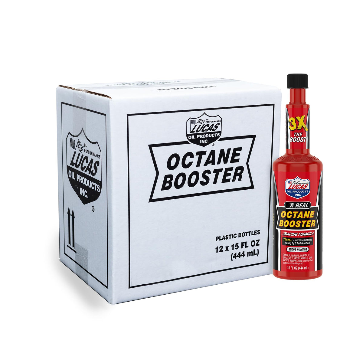 Lucas Oil octane booster close-up of bottle label highlighting usage and product details for easy reading