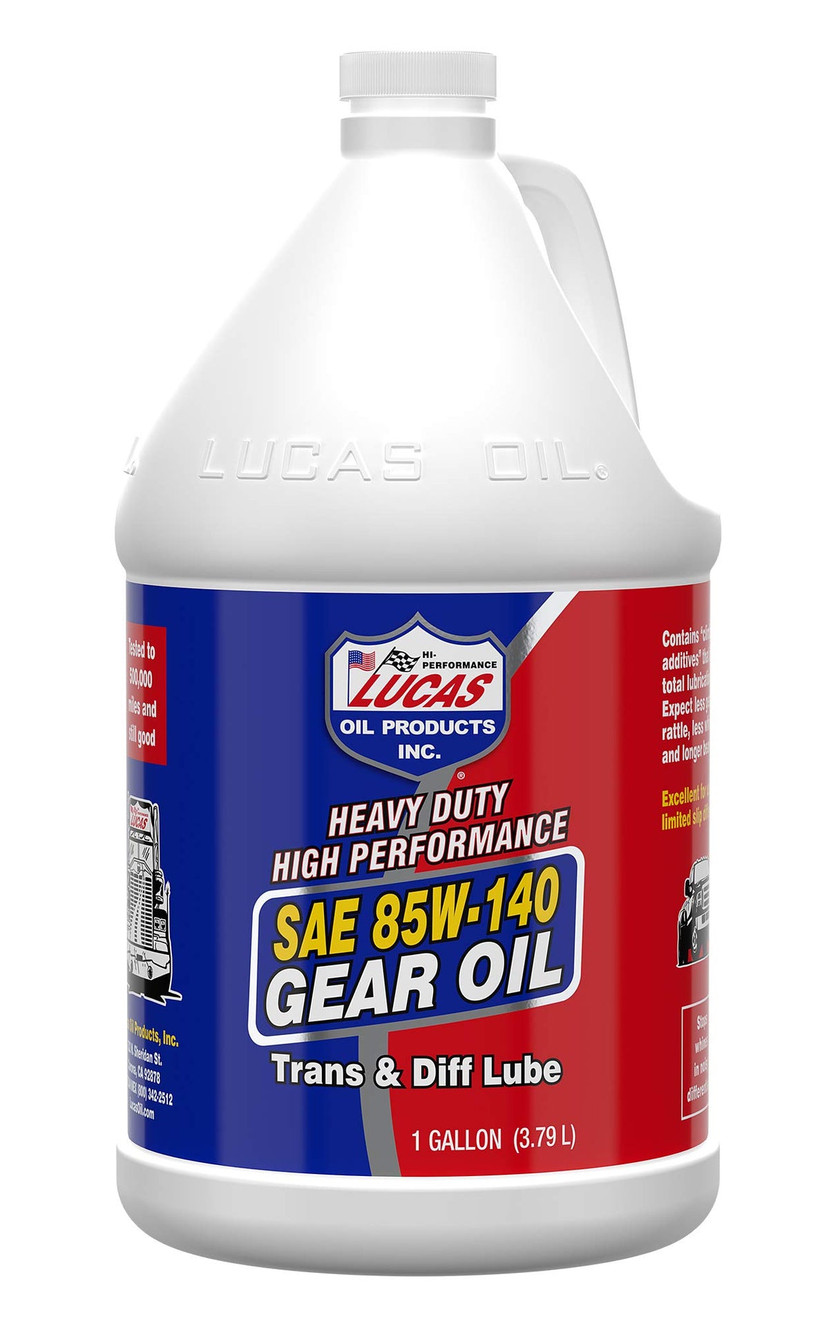 Lucas Oil 10045 gallon front label showing product and application benefits
