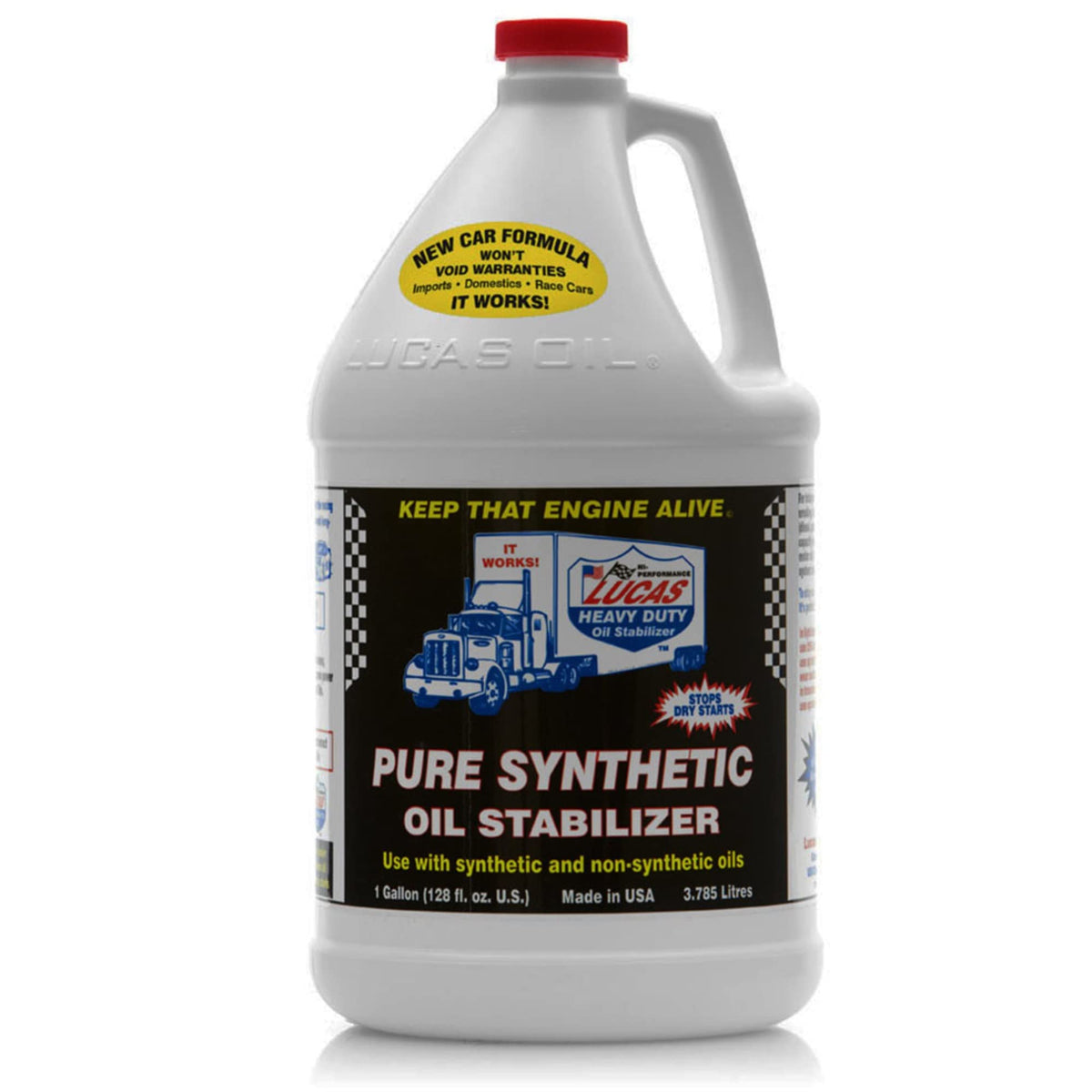 Lucas Oil 1-gallon bottle front view showing label and engine protection benefit