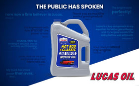 Lucas Oil five-quart bottle next to a ruler showing scale and storage convenience