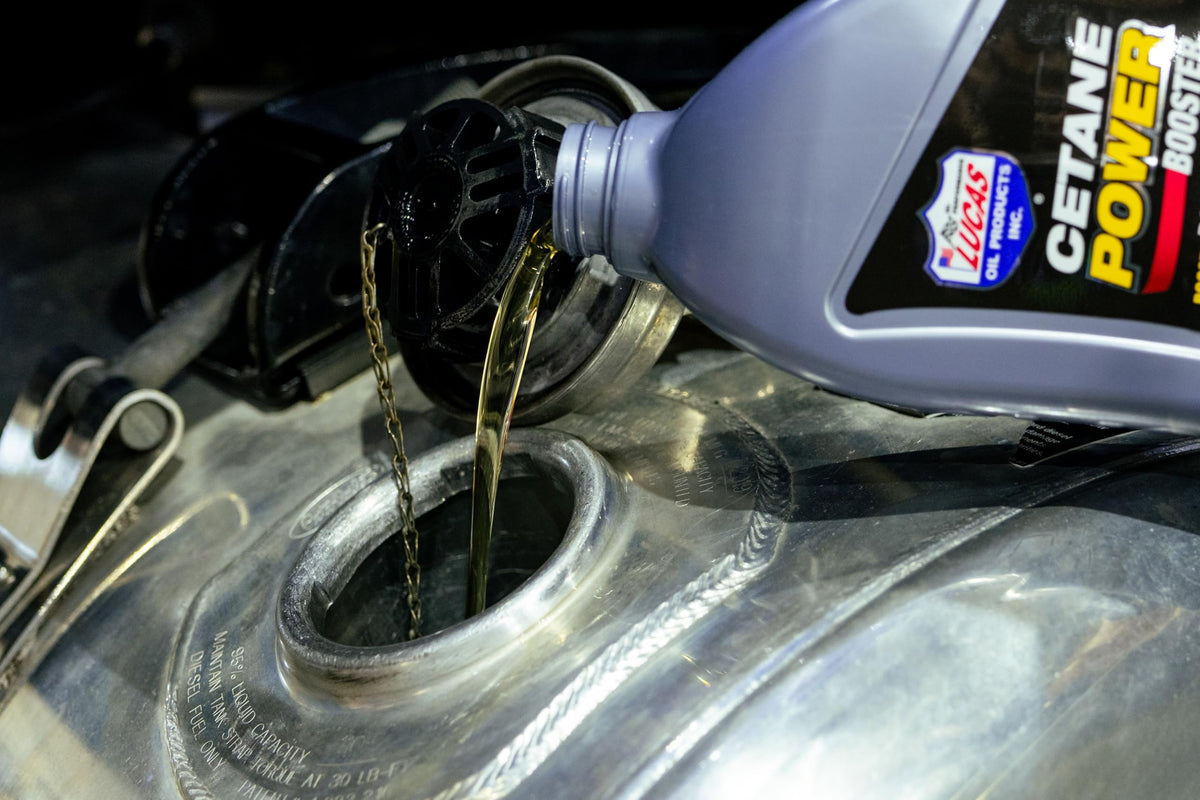 Lucas Oil cetane power booster close-up cap and measuring guide for accurate use