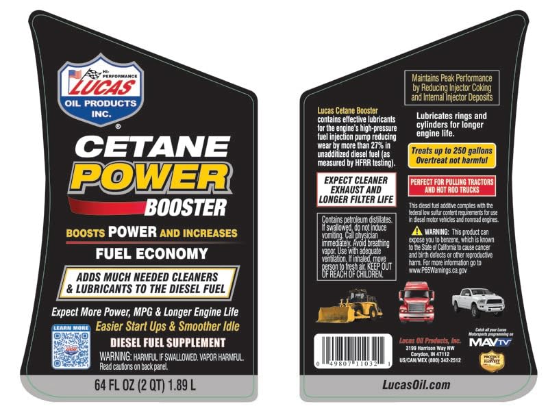 Lucas Oil cetane power booster bottle with scale showing 64 ounce capacity