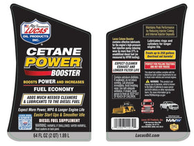Lucas Oil cetane power booster bottle with scale showing 64 ounce capacity