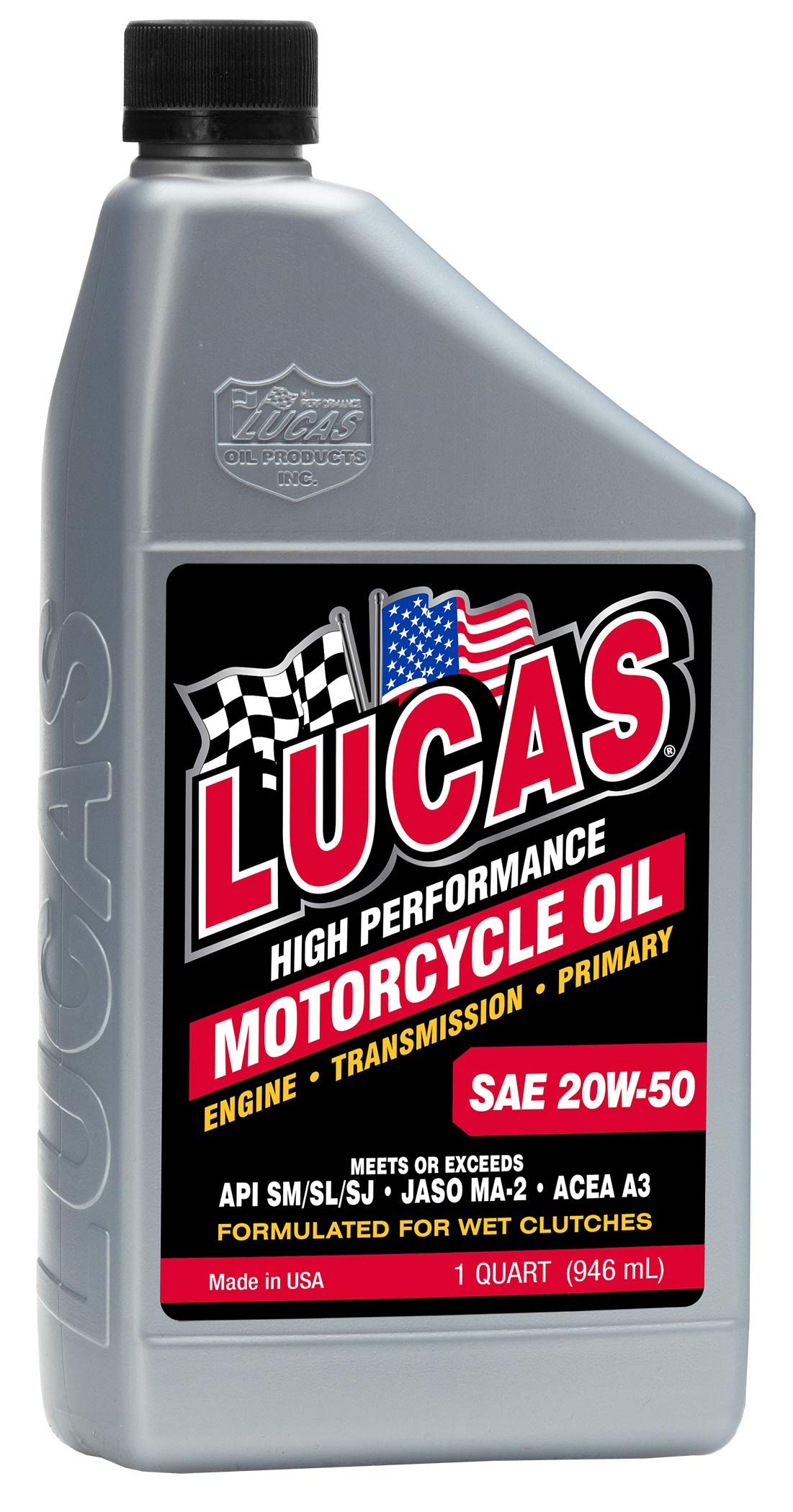 Lucas Oil front view of one-quart bottle pack showing label and durable packaging benefits