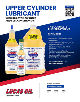 Lucas Oil bottle beside a pickup, illustrates fleet and daily-driver fuel system care