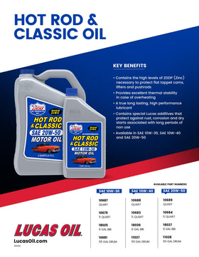 Lucas Oil bottles in a garage with classic car, promoting reliable maintenance
