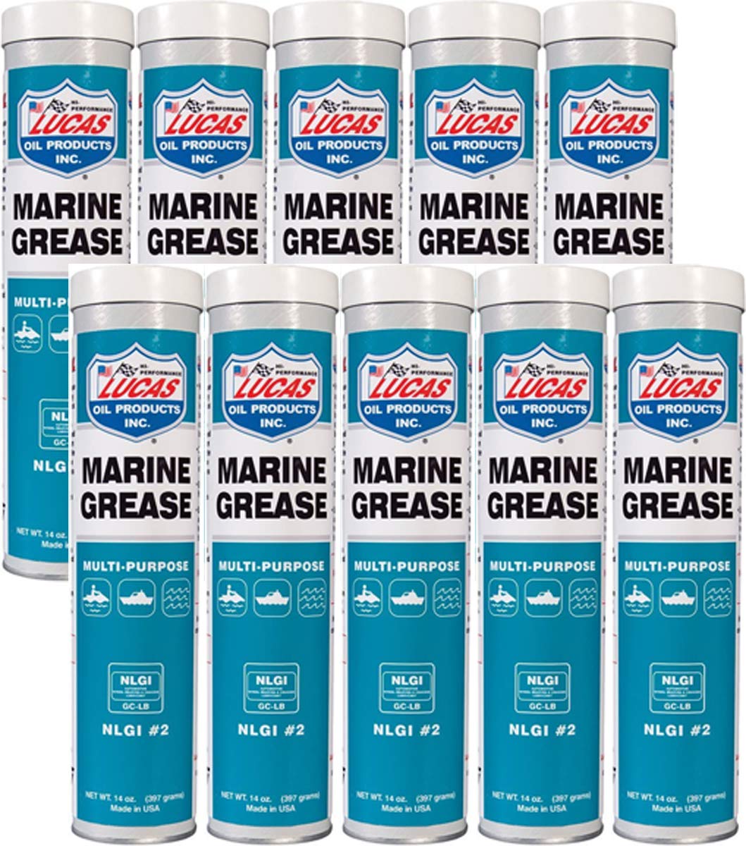 Lucas Oil marine grease cartridge front view showing label and easy dispensing benefit