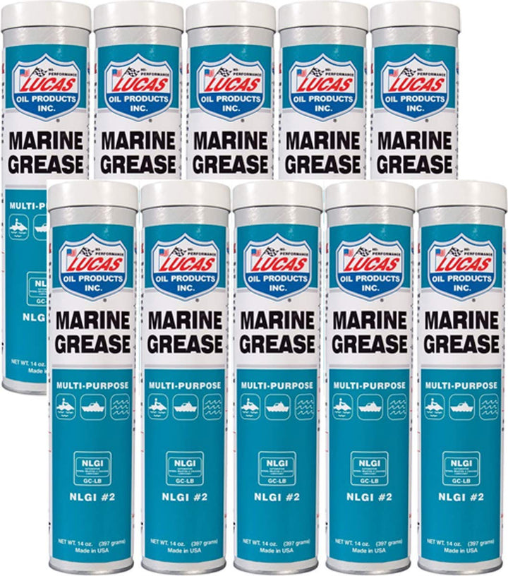 Lucas Oil marine grease cartridge front view showing label and easy dispensing benefit