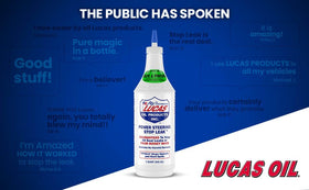 Lucas Oil bottle pouring into power steering reservoir illustrating easy in-system application