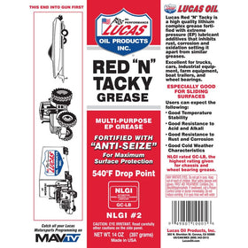 Lucas Oil Red N Tacky cartridge close-up highlighting red grease consistency and easy-gun compatibility