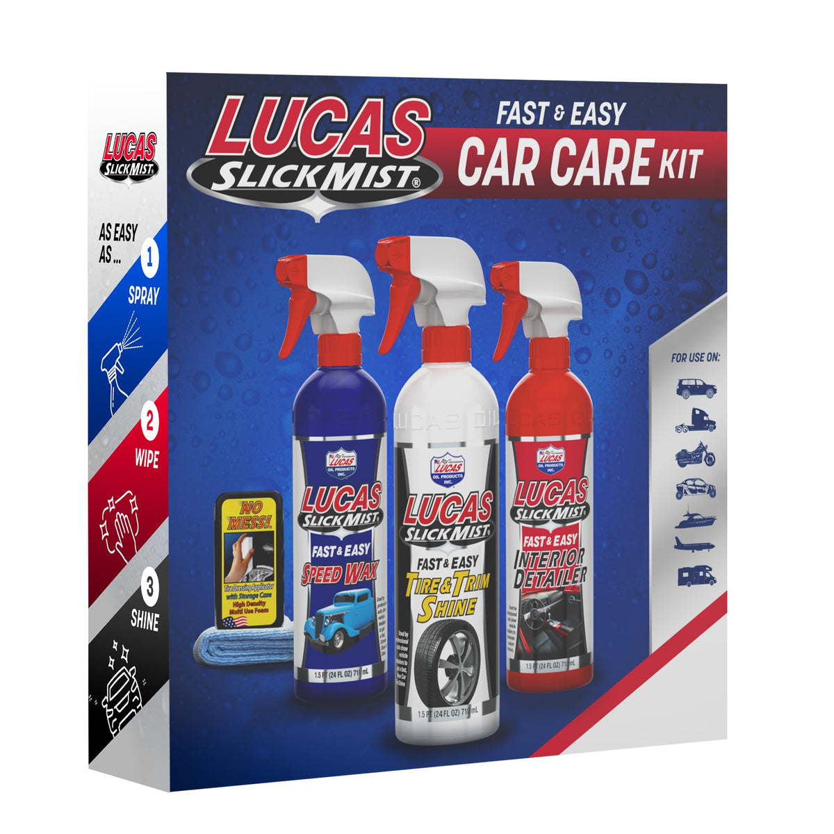 Lucas Oil front packaging showing kit and benefits for quick detailing