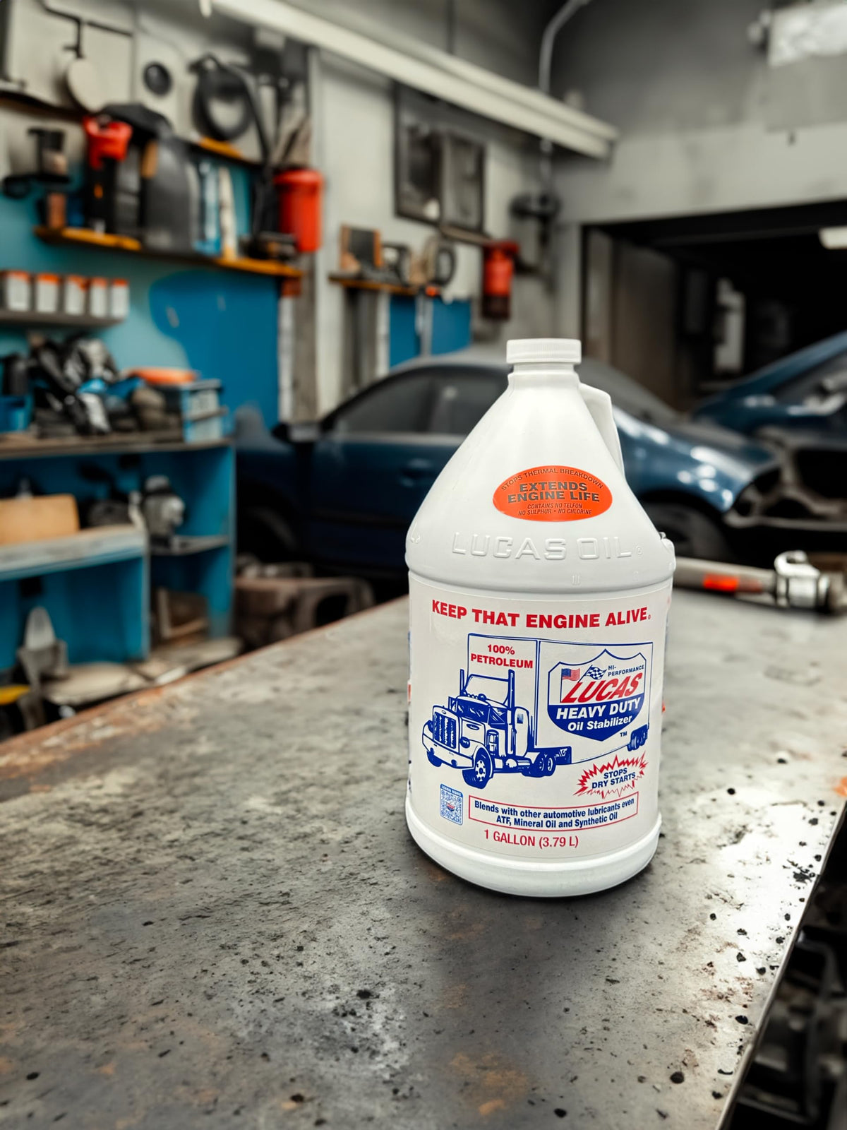 Lucas Oil being added to engine oil filler to improve startup lubrication