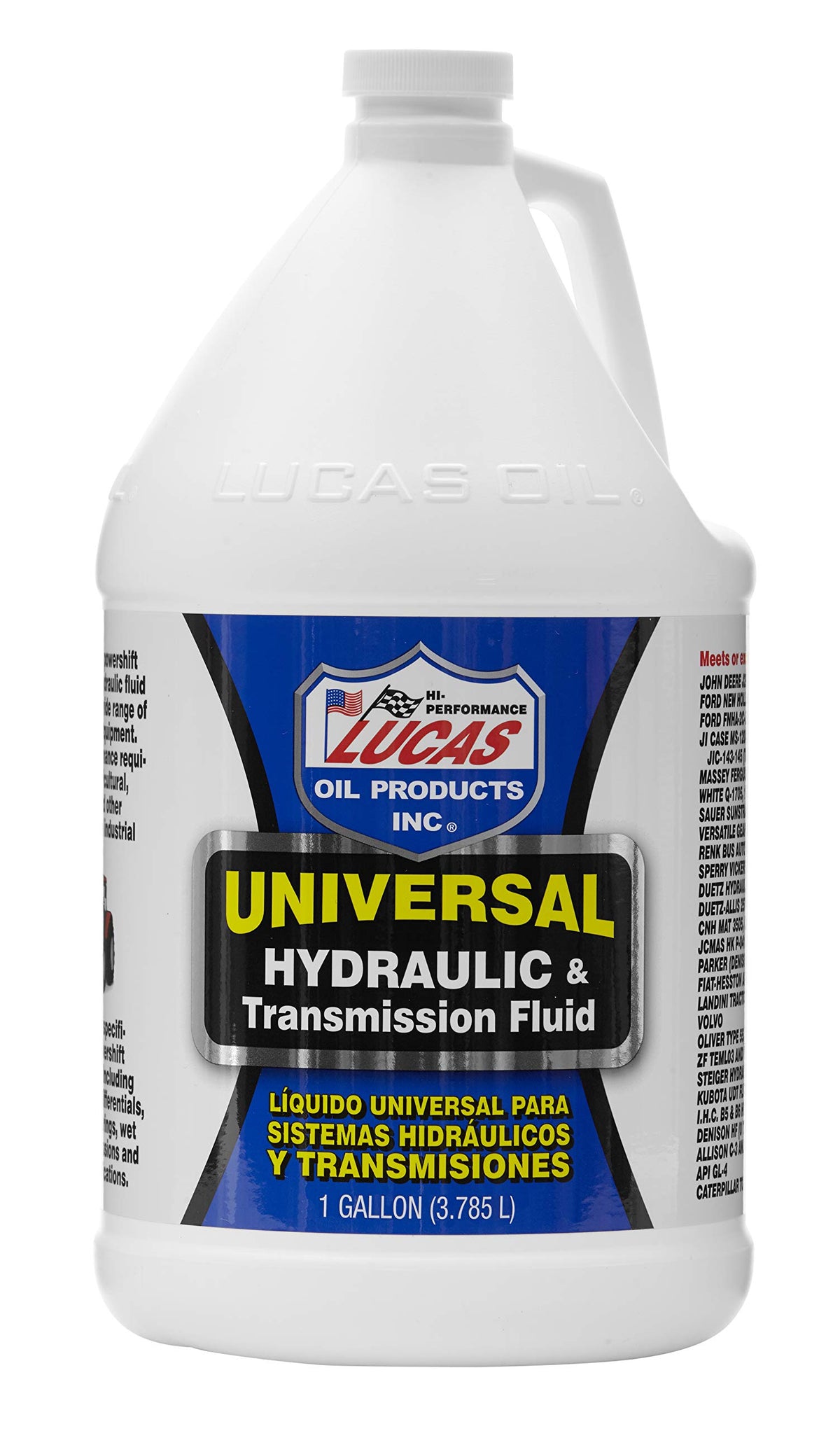 Lucas Oil front-facing one-gallon bottle showing label and easy-pour cap for accurate filling
