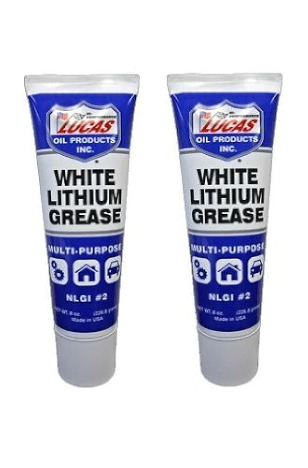 Lucas Oil white lithium grease tube front packaging showing easy squeeze nozzle and lasting lubrication