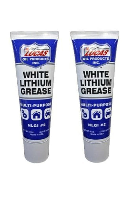 Lucas Oil white lithium grease tube front packaging showing easy squeeze nozzle and lasting lubrication