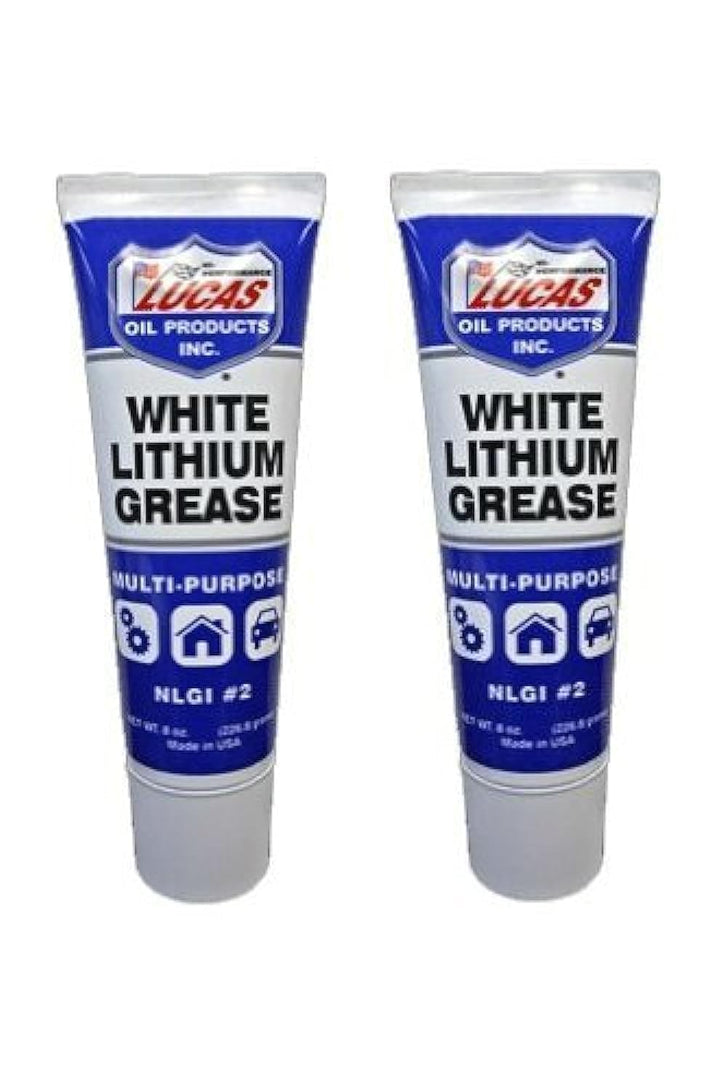 Lucas Oil white lithium grease tube front packaging showing easy squeeze nozzle and lasting lubrication
