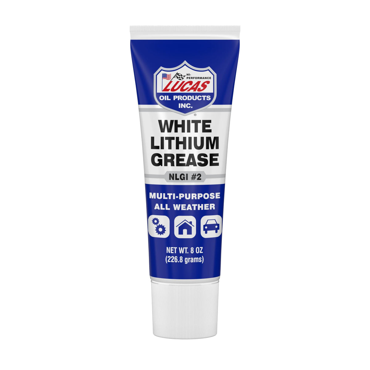 Lucas Oil white lithium grease front tube showing packaging and easy squeeze dispensing benefit