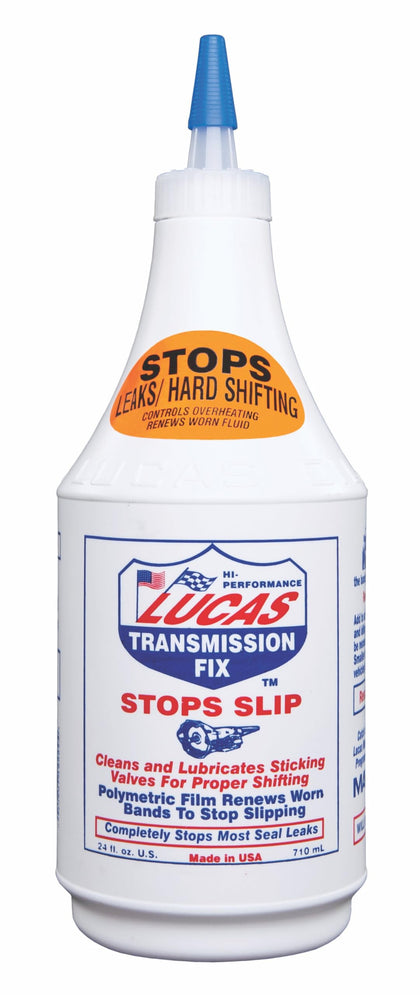 Lucas Oil front bottle view showing label and benefits for smoother shifting