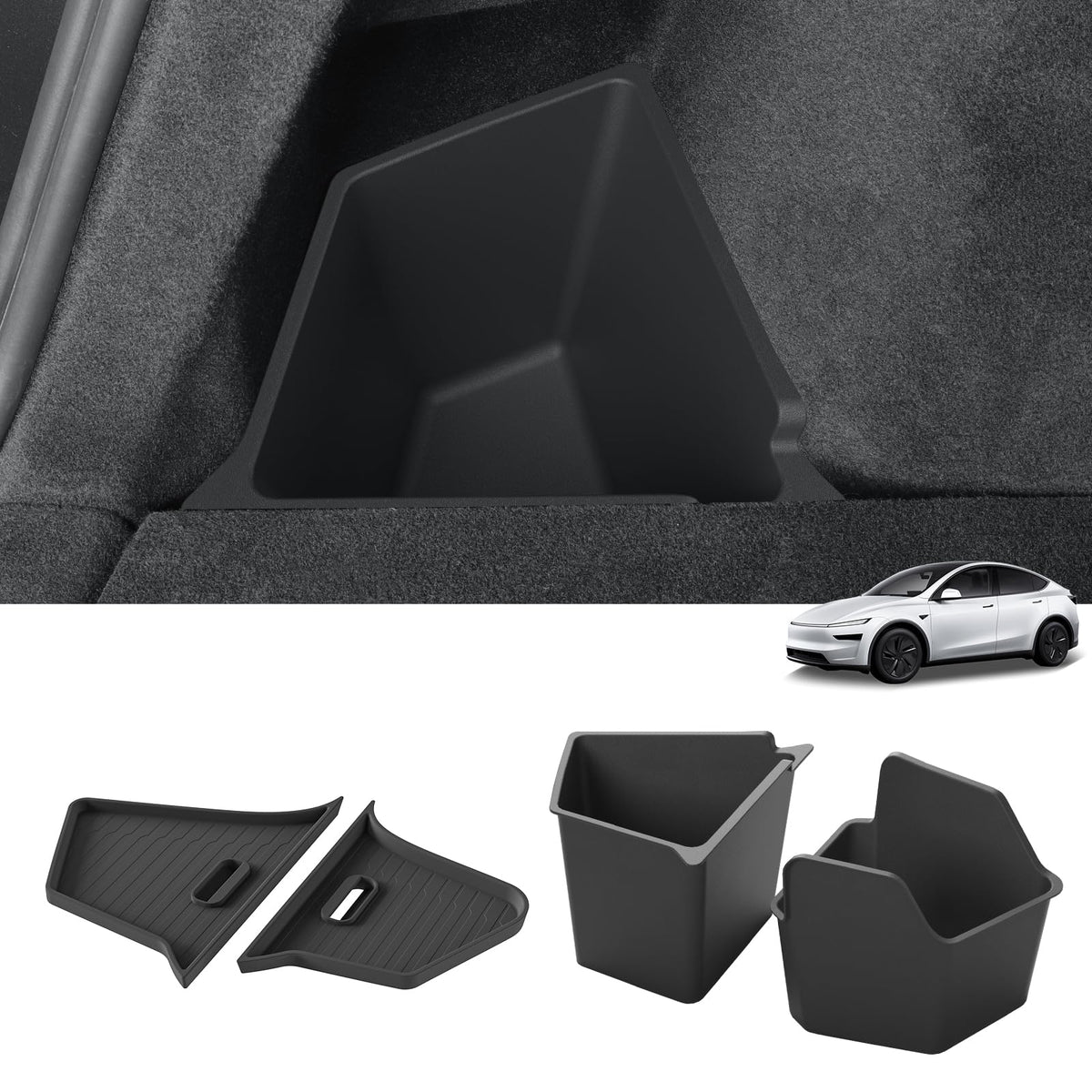 LUCKEASY front packaging showing Model Y Juniper trunk bins, highlights neat storage