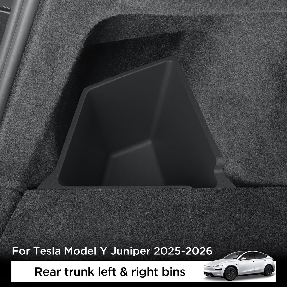 LUCKEASY left-corner bin installed in Model Y Juniper trunk, secures loose items
