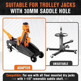 Lucky Seven adapter installed on a floor jack in a garage showing space-saving benefit