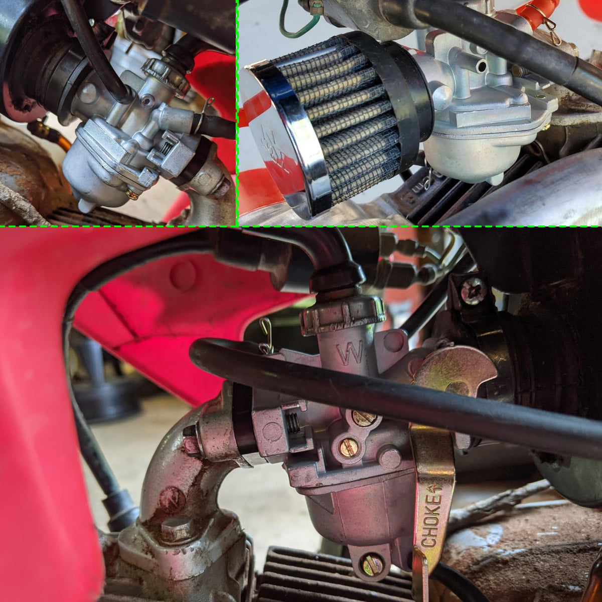 LuckySlycyc carburetor on a mini dirt bike in action implying restored throttle control