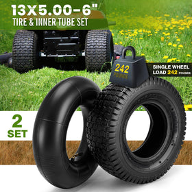 LuckySlycyc tire beside ruler showing 13x5.00-6 size for accurate fit verification
