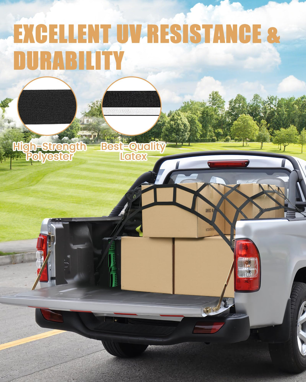 LuckyStraps cargo net stretched over pickup bed securing cargo, quick-attach and full protection