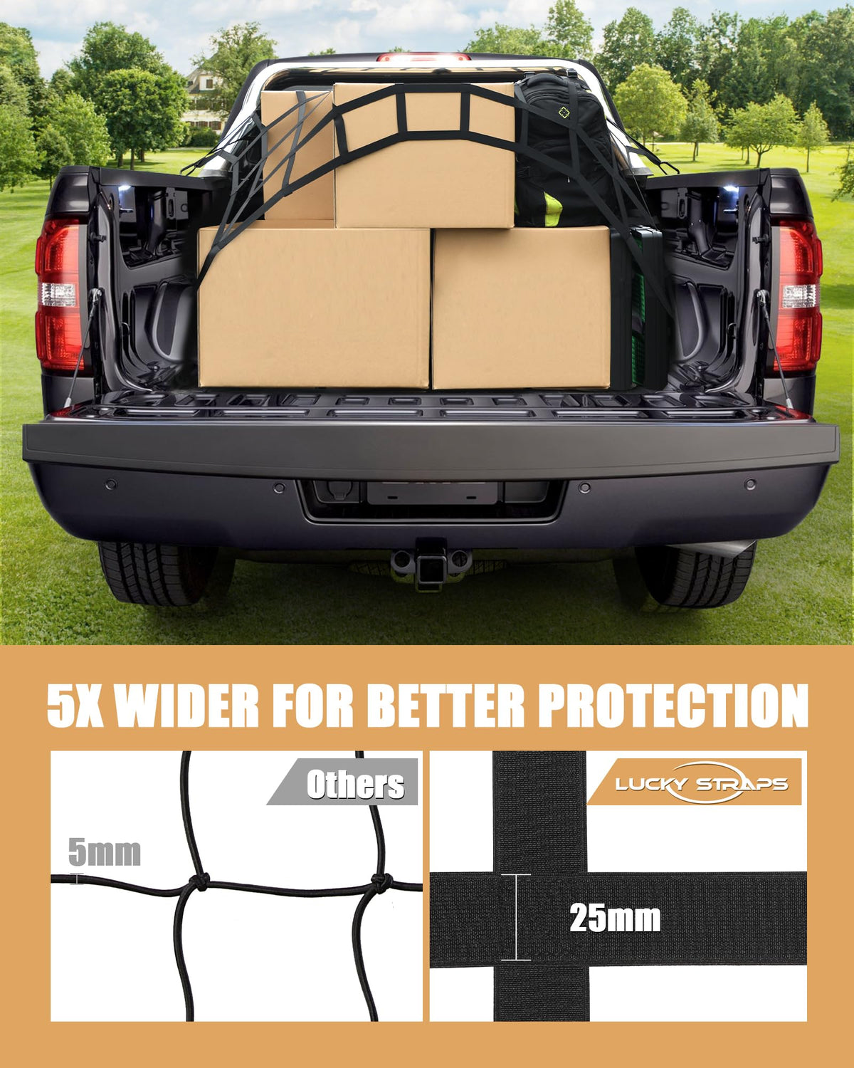 LuckyStraps net alongside common tools showing scale and stretchability for versatile loads
