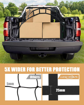 LuckyStraps net alongside common tools showing scale and stretchability for versatile loads