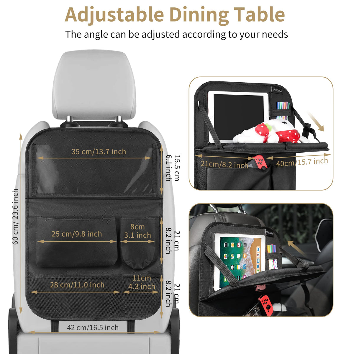 LUCMO size comparison on seatback shows fit across most cars and SUVs
