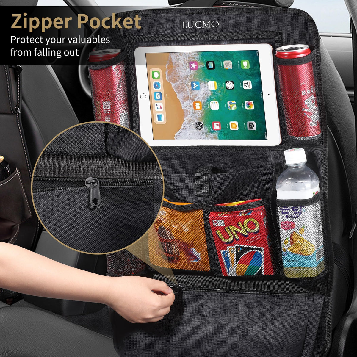 LUCMO multiple storage pockets layout holding bottles and toys
