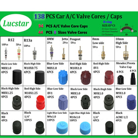 Lucstar valve cores detail, showing R12 R134a compatible cores and leak repair benefit